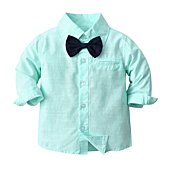 SANGTREE Baby Boy's Formal Outfit, Button Down Stripes Dress Shirt with Bow Tie + Suspender Pants Set for Toddlers Baby & Little Boys, 2 Pieces Baby Gift Clothes, Green, Tag 110 = 2-3 Years