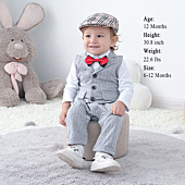 HOSUKKO Baby Boy Suit, One-Piece Romper & Vest & Beret & Bow Tie,Infant Boys Gentleman Outfits Sets for Formal Occassion (Long Sleeve, 0-24 Months),Grey,3-6M