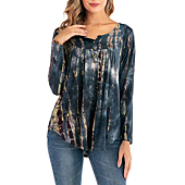 AMCLOS Womens Tops V Neck T-Shirts Ruffle Button up Tunic Casual Flowy Loose Long Sleeve(Tie-Dye-Green,S)
