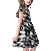 KYMIDY Girl Casual Dress Short Sleeve Buffalo Check Black White Plaid Dresses for Kids,8T