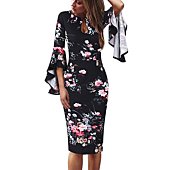 VFSHOW Womens Black and Pink Floral Front Keyhole Neck Ruffle Bell Sleeve Cocktail Party Fitted Bodycon Pencil Sheath Dress 3976 BLK S