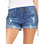 Ripped denim shorts with folded hems from Bestmarket Women's Jeans. These stylish and comfortable shorts are perfect for summer and can be dressed up or down.
