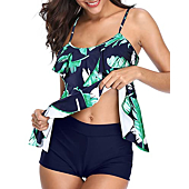 Holipick Women Plam Leaf Tankini Swimsuits Two Piece Tummy Control Bathing Suits Ruffle Swim Tank Top with Boy Shorts Swimwear XS