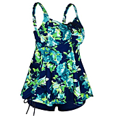 Septangle Women's Two Piece Tankini Swimsuit Modest Plus Size Swimwear with Shorts V Neck Full Coverage Bathing Suit Flowy Tanking Swim Suit,Navy&Cyan,US18