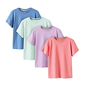 LAPASA Kids T-Shirts Pure Cotton 4-Pack, Short Sleeve White Tees Boy & Girl, 100% Non-Allergenic Cotton Crew Neck Unisex K01,Pink+Light Purple+Sky Blue+Light Green,5-6Y