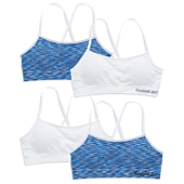 Reebok Girls’ Racerback Seamless Crop Cami Bralette with Removable Pads (4 Pack), Size 8-10, White/Blue Space Dye