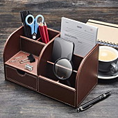 Gallaway Leather Desk Organizer - Office Stationery Storage Box Organizer, Holds Desk Supplies Like Business Card, Pen, Pencil Mobile Phone, Office Accessories (Brown, Large)