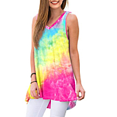 AWULIFFAN Women's Summer Sleeveless V-Neck T-Shirt Short Sleeve Sleepwear Tunic Tops Blouse Shirts (Tie Dye Colorful Light Yellow,Small)