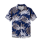 Spring&Gege Boys' Short Sleeve Button Down Fun Hawaiian Shirt Cartoon Print Aloha Dress Shirts, Navy Blue Leaf, 7-8 Years