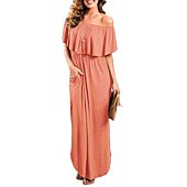 Sarin Mathews Womens Dresses Off The Shoulder Summer Ruffle Party Dresses Side Split Beach Long Maxi Dress with Pockets Grapefruit XL