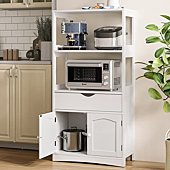 Sideboard Storage Cabinet with 2 Open Shelves, 1 Drawer & 1 Cupboard Kitchen Pantry Storage Cabinet with Microwave Space Freestanding Floor Bathroom Cabinet,Bookshelf,Display Unit for Home, White