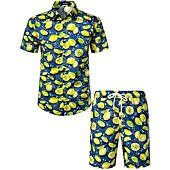 JOGAL Men's Fun Fruit Printed Short Sleeve Button Down Hawaiian Shirt Suits XX-Large Navy Blue Yellow