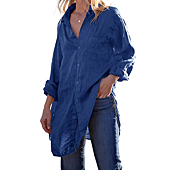 Runcati Womens Button Down Shirts Linen Cotton Long Sleeve Blouse Tunic Tops Cover Up Shirt Loose Beach Bikini Dress
