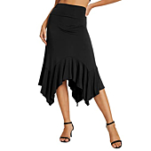 Urban CoCo Women's Flowy Stretchy Skirt Handkerchief Hemline Midi Skirt (Black, L)