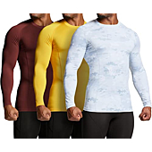 ATHLIO Men's UPF 50+ Long Sleeve Compression Shirts, Water Sports Rash Guard Base Layer, Athletic Workout Shirt, 3pack Arctic Camo/Brick/Yellow, X-Small