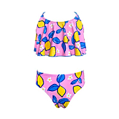 SHEKINI Girls Floral Printing Bathing Suits Ruffle Flounce High Waist Two Piece Swimsuits（ Pink Lemon Printing,12/14 Years