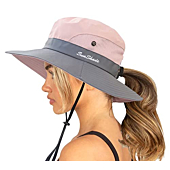 Womens Summer Sun-Hat Outdoor UV Protection Fishing Hat Wide Brim Foldable-Beach-Bucket-Hat with Ponytail-Hole (Pink)