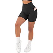 SUUKSESS Women Crossover Workout Shorts with Pockets Ribbed High Waisted Booty Biker Shorts (Black, L)
