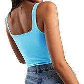 Artfish Women's Sleeveless Strappy Seamless Crop Tank Tops Square Neck Workout Fitness Basic Cropped Camis (Light Blue, XS)