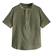 Teurkia Boys Button Up Henley Shirt Short Sleeve Lightweight Linen Cotton Top Army Green
