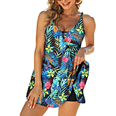 Visailiy Womens Tankini Swimdress Tummy Control Swimsuit Two Piece with Boyshort Bathing Swimwear(Green Printed, X-L)