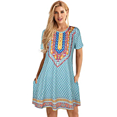 Women Boho Dresses Summer Vintage Printed Ethnic Style Sundress Shift Short Sleeves Pocket(Light Blue Boho,L)