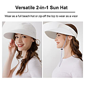 Wide Brim Womens Sun Hat, 2 in 1 Zip-Off Sun Protection Visor Beach Hat for Women, Packable Golf Hat, White