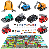 Meland Construction Vehicles Truck Toys Set with Play Mat - 8 Mini Engineer Pull Back Cars, 22.8x32.7Inch Playmat & 14 Road Signs, Toy Car Set for Boys Toddlers Birthday Christmas (Colorful)