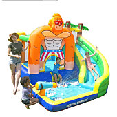 Doctor Dolphin Inflatable Water Slide Park Bounce House with Splash Pool & Long Slide Blower Kids King Kong Theme Water Slide Park Bouncy Castle for Outdoor