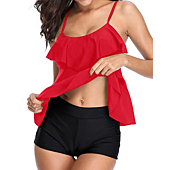 Holipick Women Red Black Tankini Swimsuits Two Piece Tummy Control Bathing Suits Ruffle Swim Tank Top with Boy Shorts Swimwear X-X-Small
