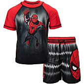 Marvel Little Boys Short Sleeve Rash Guard Swim Shirt & Swim Trunks Bathing Suit Black/Red 5-6