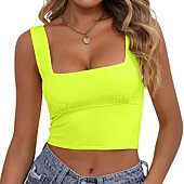 V FOR CITY Women Sleeveless Square Neck Cropped Tank Tops Double Layeres Basic Crop Top Neon Green