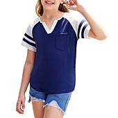 FISACE Girls V Neck Striped T Shirts Short Sleeve Summer Color Block Basic Tees Tops Blouse with Pockets Navy