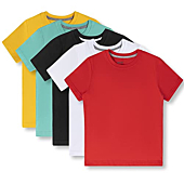 Brix Boys' Short Sleeve T-Shirts – Jersey Cotton Crew Neck 5-Pack Tagless Tees. 100% Non allergenic Cotton (Red, White, Black, Cascade, Yellow, 10 Years)