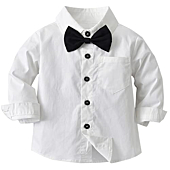 Boys Clothes Set, 3PCS Clothing Set for Boys of Classic Formal Shirt with Bowtie + Suspender Pants + Newsboy Hats, White + Black, 3-9 Months = Tag 60