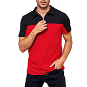 Mens Short Sleeve Polo Shirts Quarter Zip Athletic Color Block Golf Pullover Workout Casual T Shirt Red