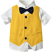 Boys Clothes Set, Summer Dress Shirt with Navy Bow Tie + Suspender Shorts + Suit Vest Wedding Short Clothing Outfits, Short Yellow, 3-9 Months = Tag 60