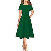 VFSHOW Womens Green Elegant Front Zipper Pockets Slim Wear to Work Business Office Causal Party A-Line Midi Skater Dress 9157 GRN L