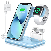 WAITIEE Wireless Charger 3 in 1, 15W Fast Charging Station for Apple iWatch 7/SE/6/5/4/3/2/1,AirPods Pro, Compatible with iPhone 13/12/12 Pro Max/11 Series/XS Max/XR/XS/X/8/8 Plus/Samsung Galaxy(Blue)