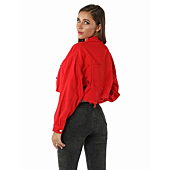 Gacaky Womens Casual Solid Color Ripped Distressed Cropped Denim Jean Jacket Coat With Frayed Hem Red M