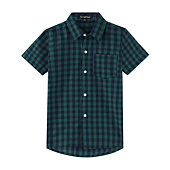 Spring&Gege Boys' Short Sleeve Poplin Button Down Shirt Plaid Uniform Dress Shirts, Large Check Gingham Navy Blue and Green, 5-6 Years