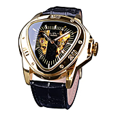 Winner Fashion Mechanical Wrist Watch Triangle Racing Dial, Waterproof Golden Skeleton Dial Automatic Movement Leather Design Mechanical Watch for Men