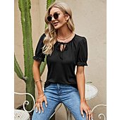 V Neck Shirts Puff Short Sleeve Blouses for Women Loose Fitting Top Casual Puffy Sleeve Drawstring T-Shirt Black L