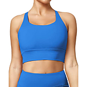 QUEENIEKE Strappy Longline Sports Bras for Women, Criss-Cross Back Medium Support Padded Yoga Bra Workout Tank Tops Size M Color Dazzling Blue