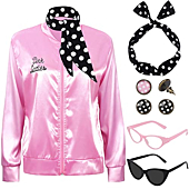 SOMSOC 1950s Pink Satin Jacket with Neck Scarf Headband Earrings Cat Eye Glasses Halloween Cosplay Costume Set for Women Girl