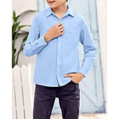 SySea Boy's Long Sleeve Button Down Dress Shirt Cotton Solid Uniform Shirts with Chest Pocket 5-14 Years Blue