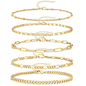 Reoxvo Gold Bracelets Jewelry Set for Women Fashion Dainty Gold Adjustable Layered Link Chain Bracelet Pack for Women 14K Real Gold Cute 5pcs