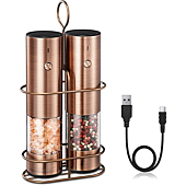 Rechargeable Electric Salt and Pepper Grinder Set with Stand - Nicely Packaged Giftable - No Battery Needed - Automatic Pepper Mill & Adjustable Coarseness & LED Light Refillable - Copper Color