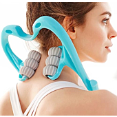 Woman using 6-ball neck massager for pain relief