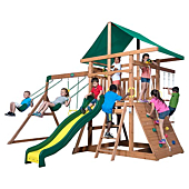 Backyard Discovery Mount McKinley All Cedar Wood Swing Set, Playground for All Kids Age 3-10, Rock Wall, Wave Slide, Fort, Double Rock Climber and Rope, Monkey Bars